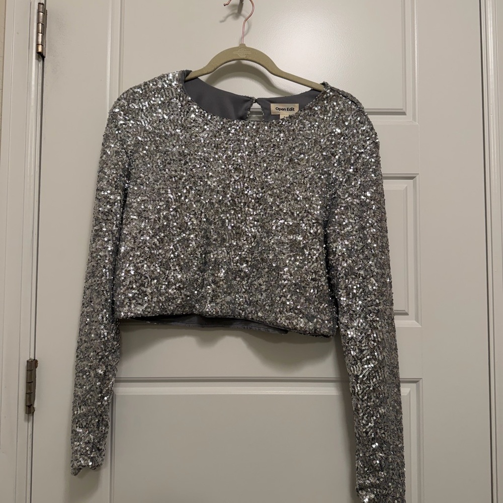 Women’s Open Edit Silver Sequin Crop Top